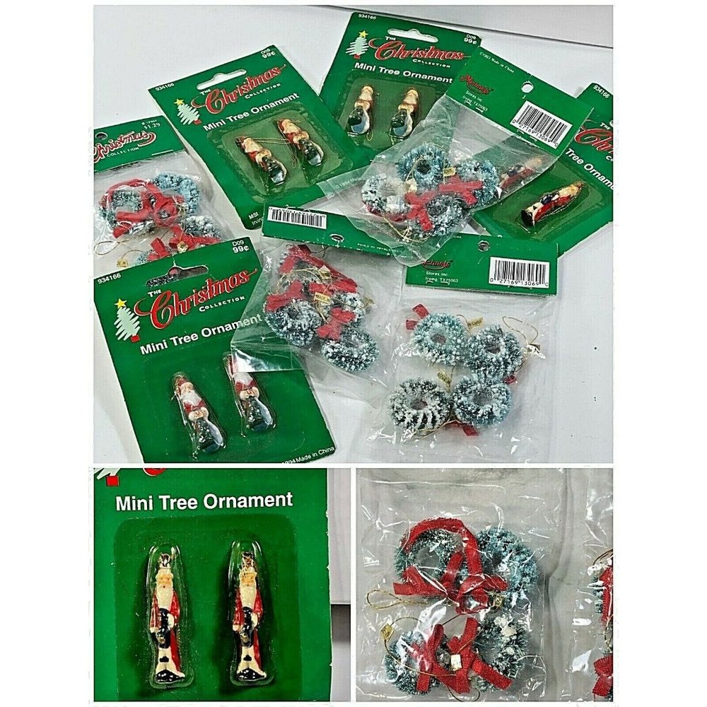 8 Mini Christmas Tree Ornaments Wreaths & Santas